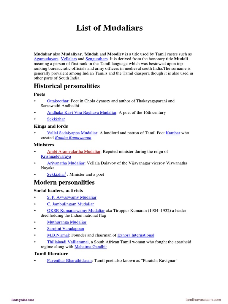 Notable Mudaliars A Comprehensive Listing of Leaders, Artists