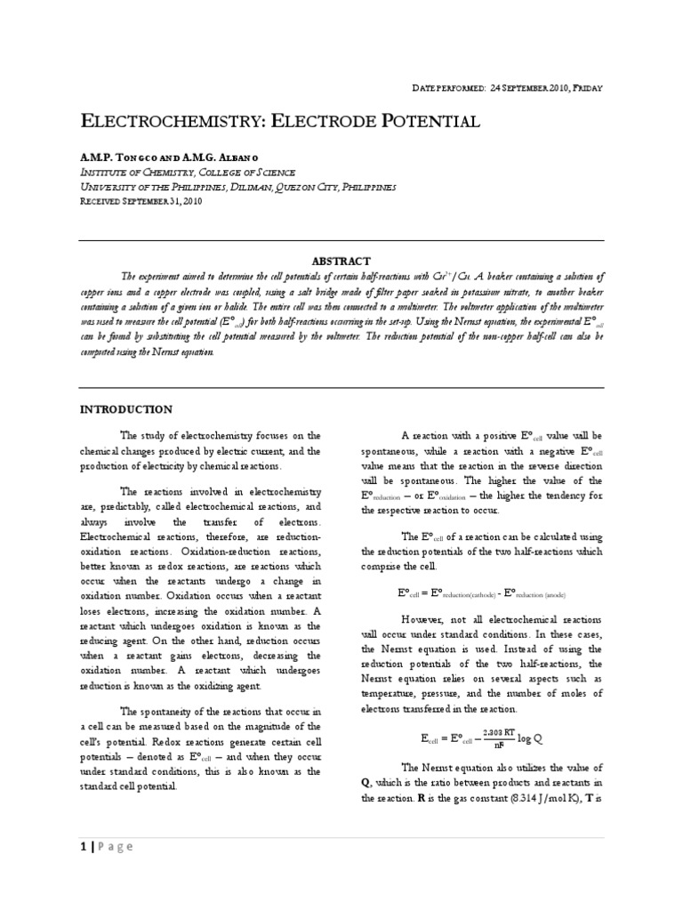 Lab Report Electrochemistry and Electrode Potential PDF
