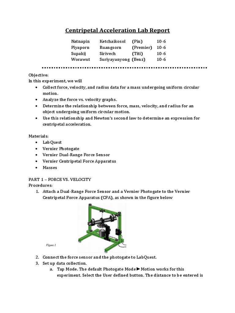 Centripetal Acceleration Lab Report | PDF | Acceleration | Force