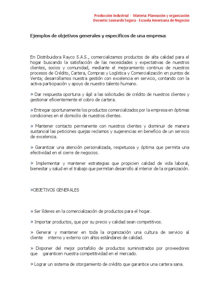 Ejemplos de Objetivos Generales y Específicos de Una Empresa