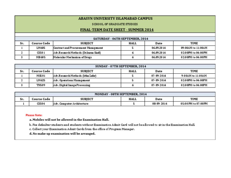 Abasyn Univ Final Exam Schedule 2014 | PDF