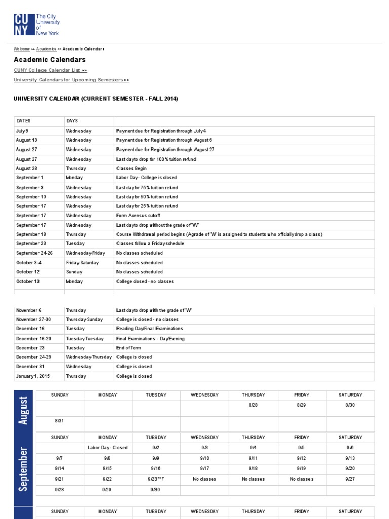 Academic Calendars Academics CUNY PDF Academic Term Thanksgiving