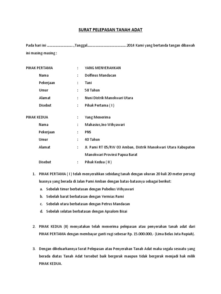 Surat Pelepasan Tanah Adat