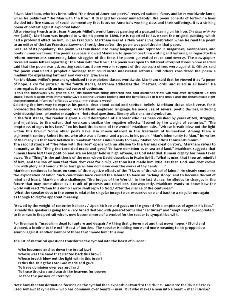 Analysis of "Man With the Hoe" Poetry Fiction & Literature