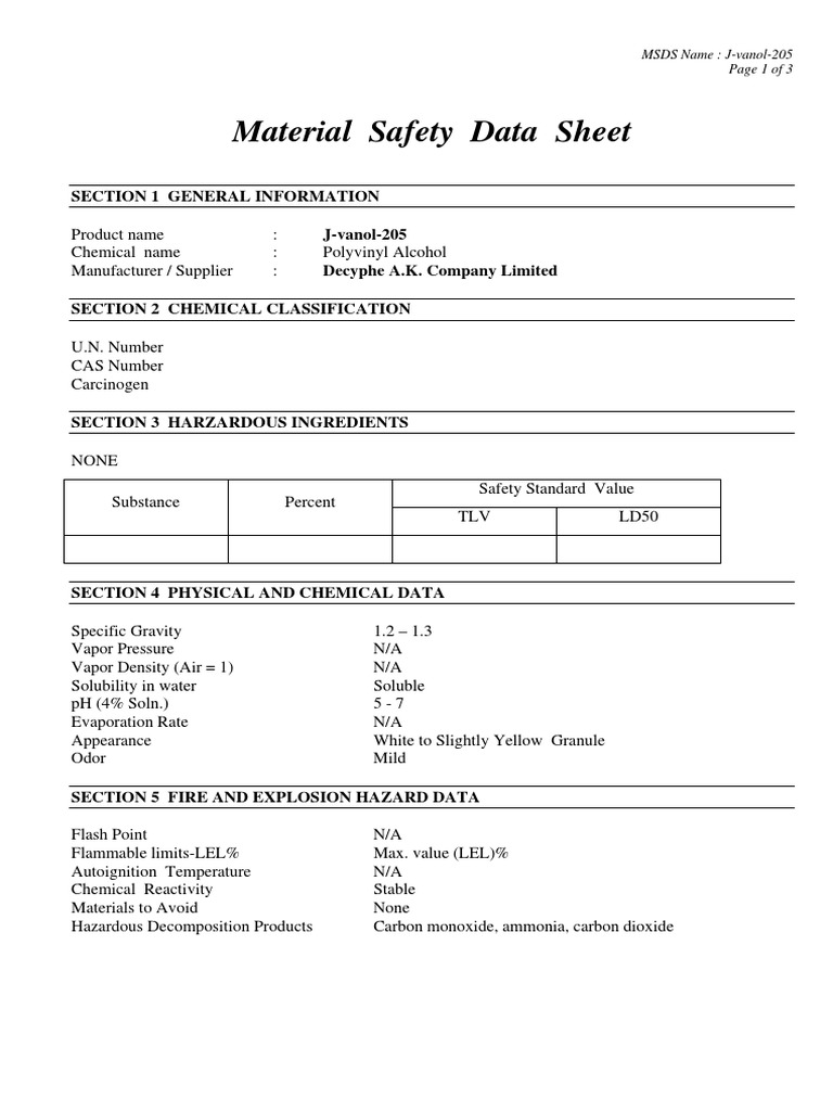 MSDS J Vanol 205 PDF Toxicity Polyvinyl Chloride