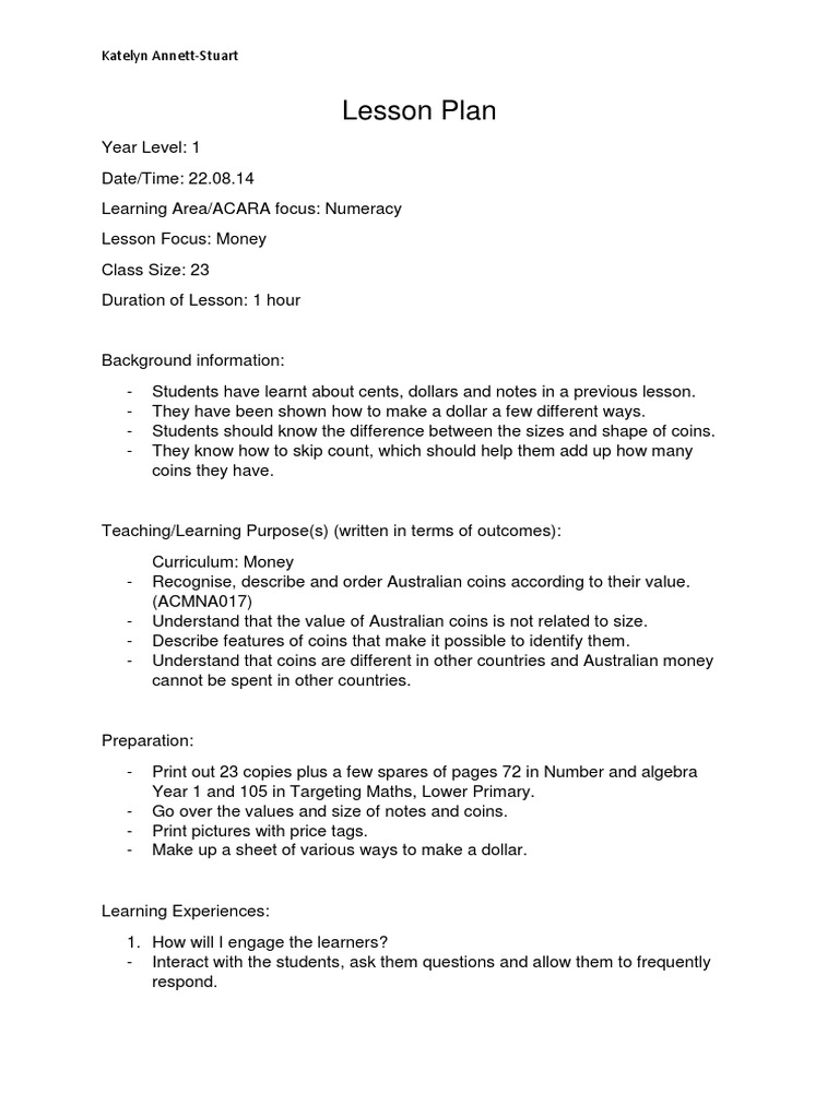lesson plan - money year 1 | Lesson Plan | Coins