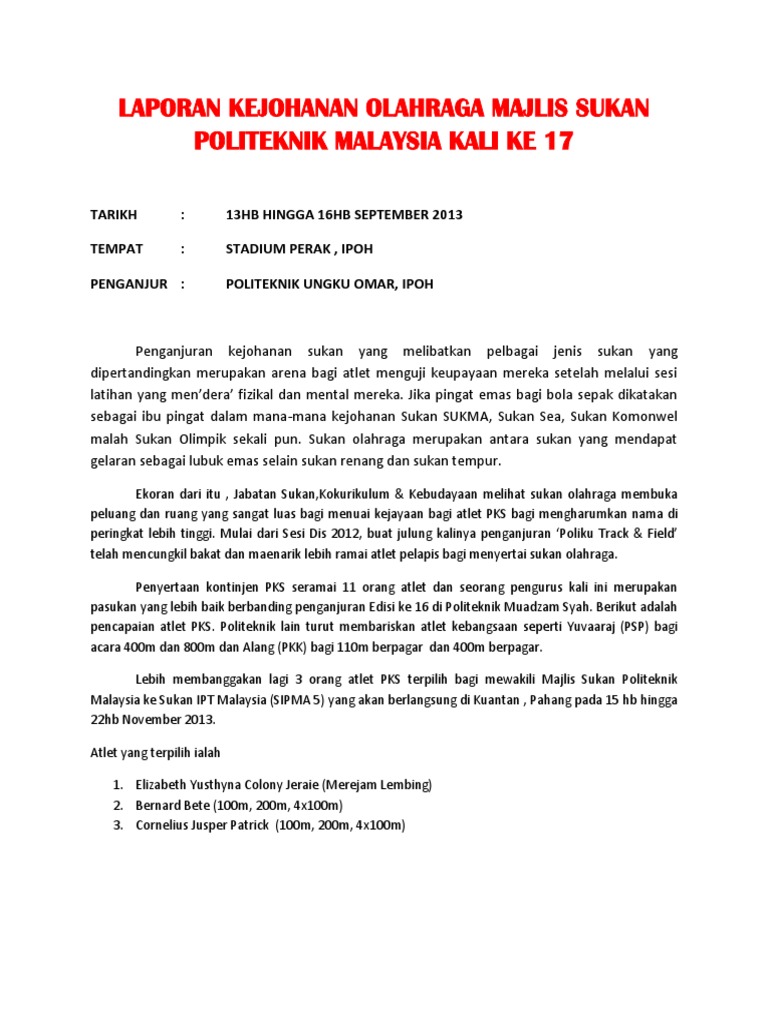 Laporan Kejohanan Olahraga Majlis Sukan Politeknik Malaysia Kali 