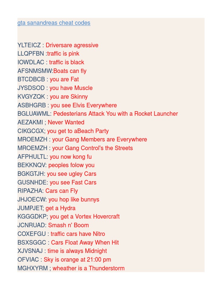 GTA San Andreas Cheat Codes List | PDF