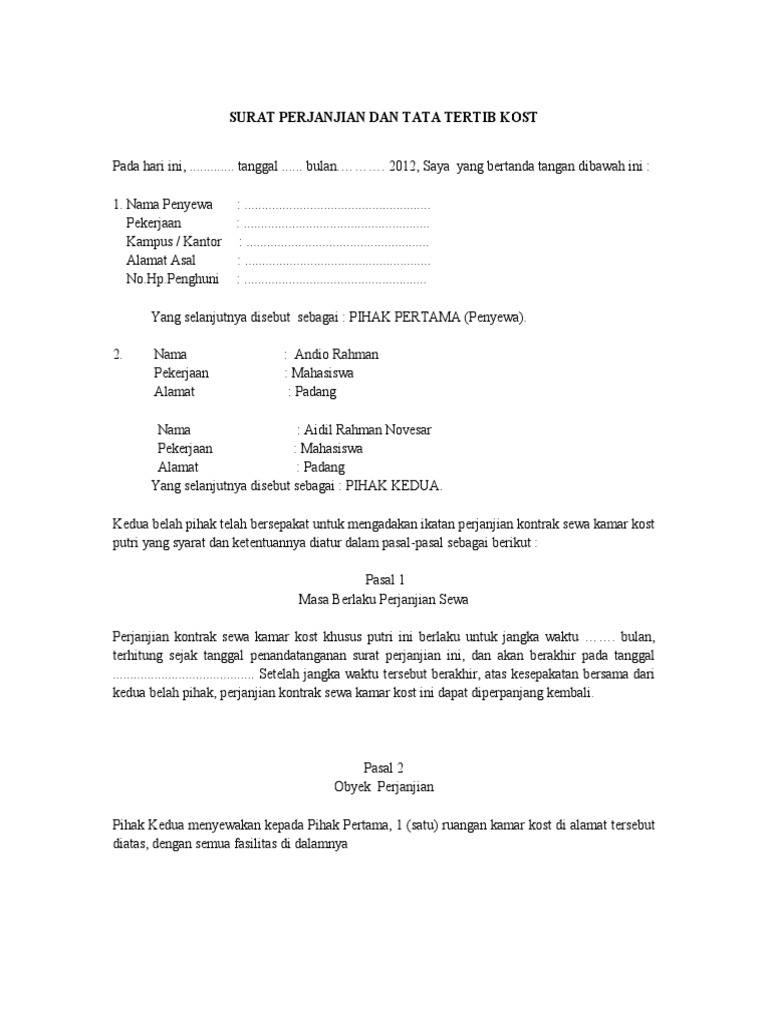 Contoh Surat Perjanjian Sewa Kamar Kost