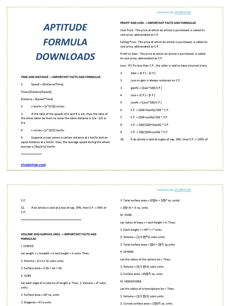 Aptitude Formula | PDF | Volume | Sphere