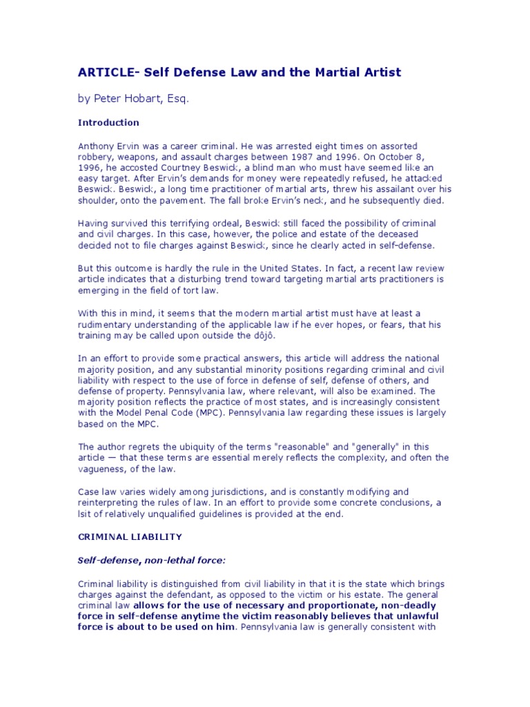 Article - Self Defense Law and The Martial Artist | PDF | Tort | Assault