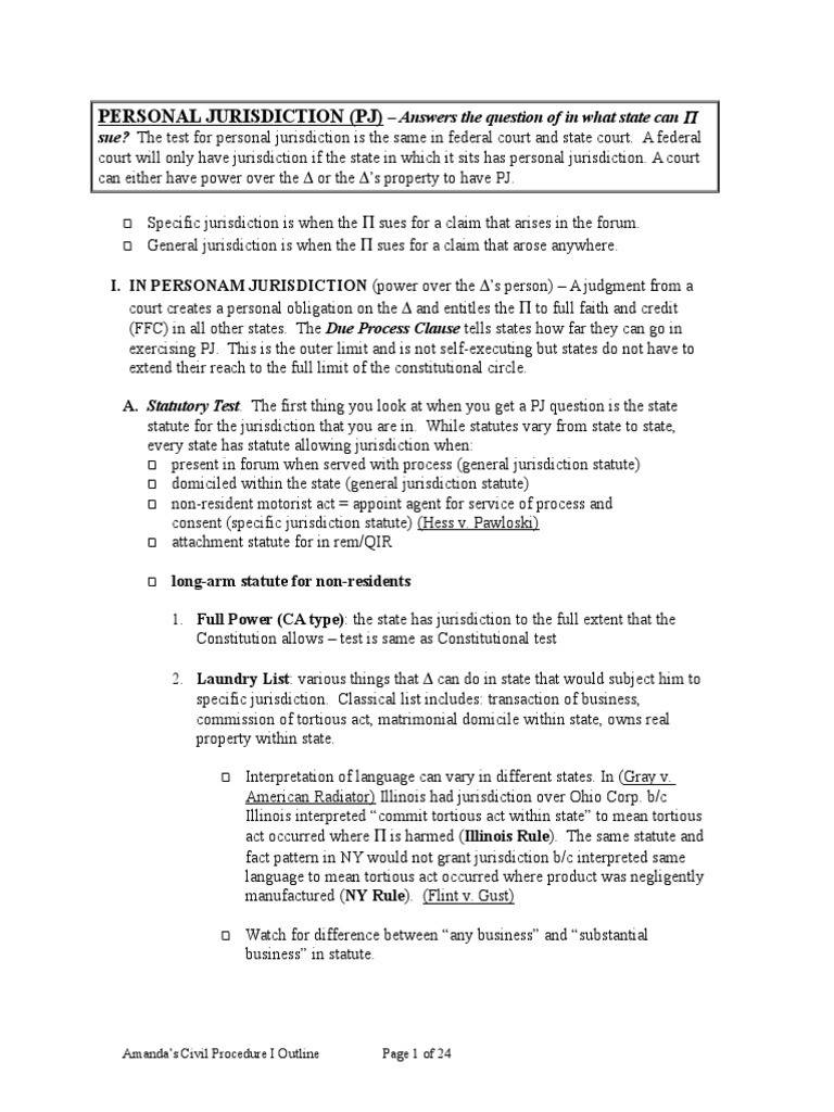 Civ pro 1 outline 3 01 pdf minimum contacts personal jurisdiction