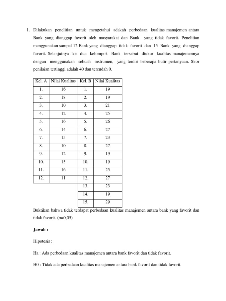Contoh Soal Uji Mann Whitney