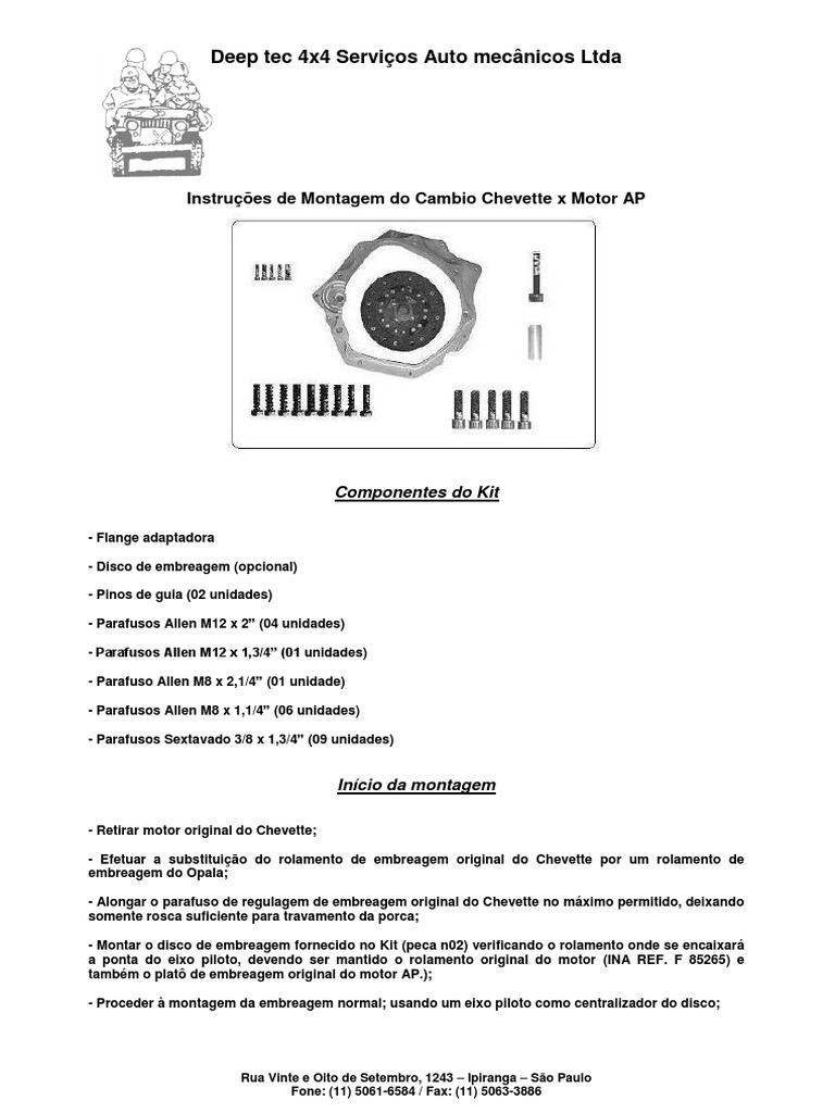 Manual Kit Motor AP X Cambio Chevette | PDF | Parafuso | Indústria  automobilística