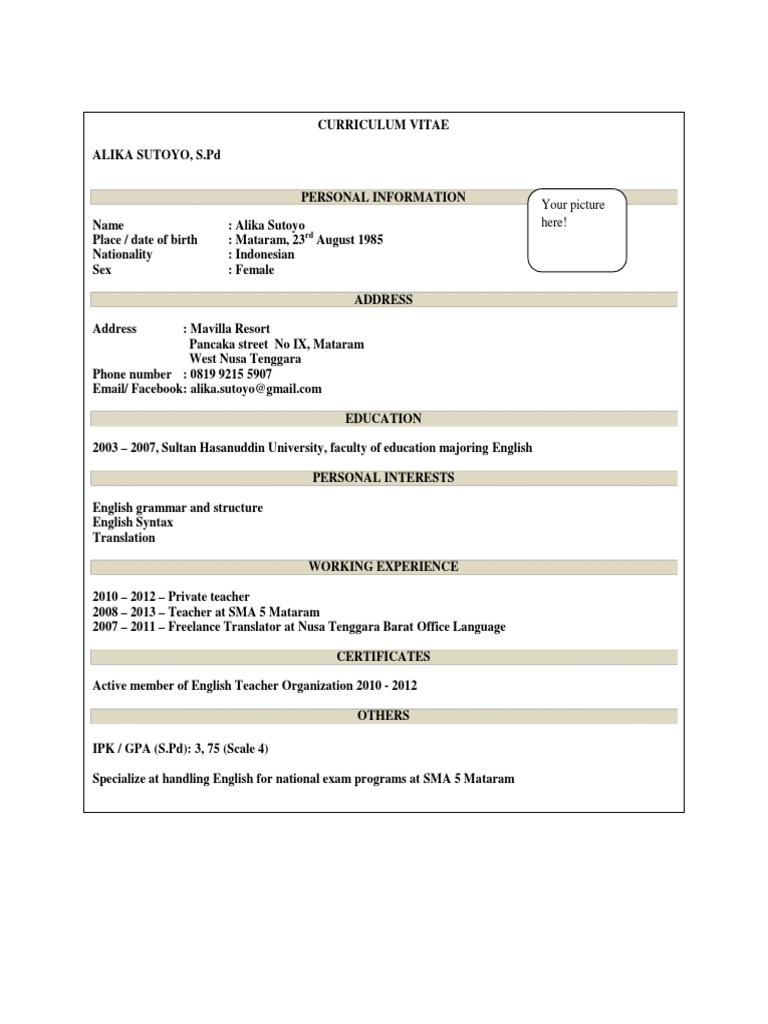 Contoh CV Dalam Bahasa Inggris 1 | PDF