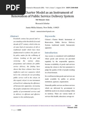 Citizen’s Charter Model as an Instrument of Renovation of Public Service Delivery System by Md Munazir Alam