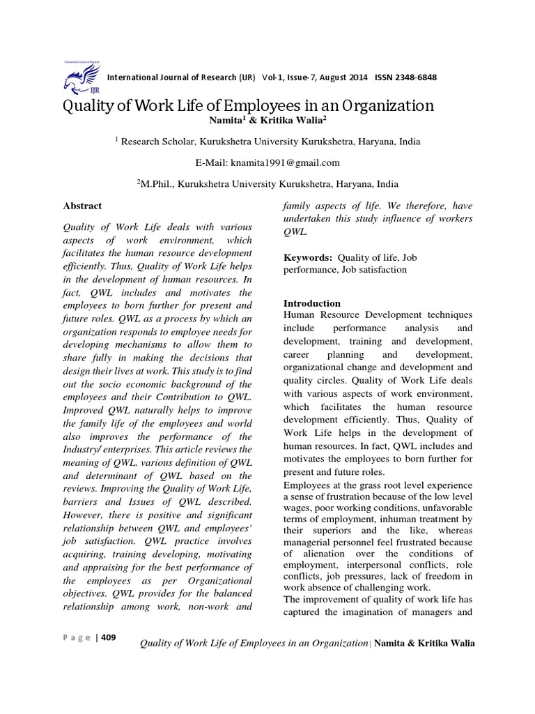 Quality of Work Life Analysis | PDF | Work–Life Balance | Job Satisfaction