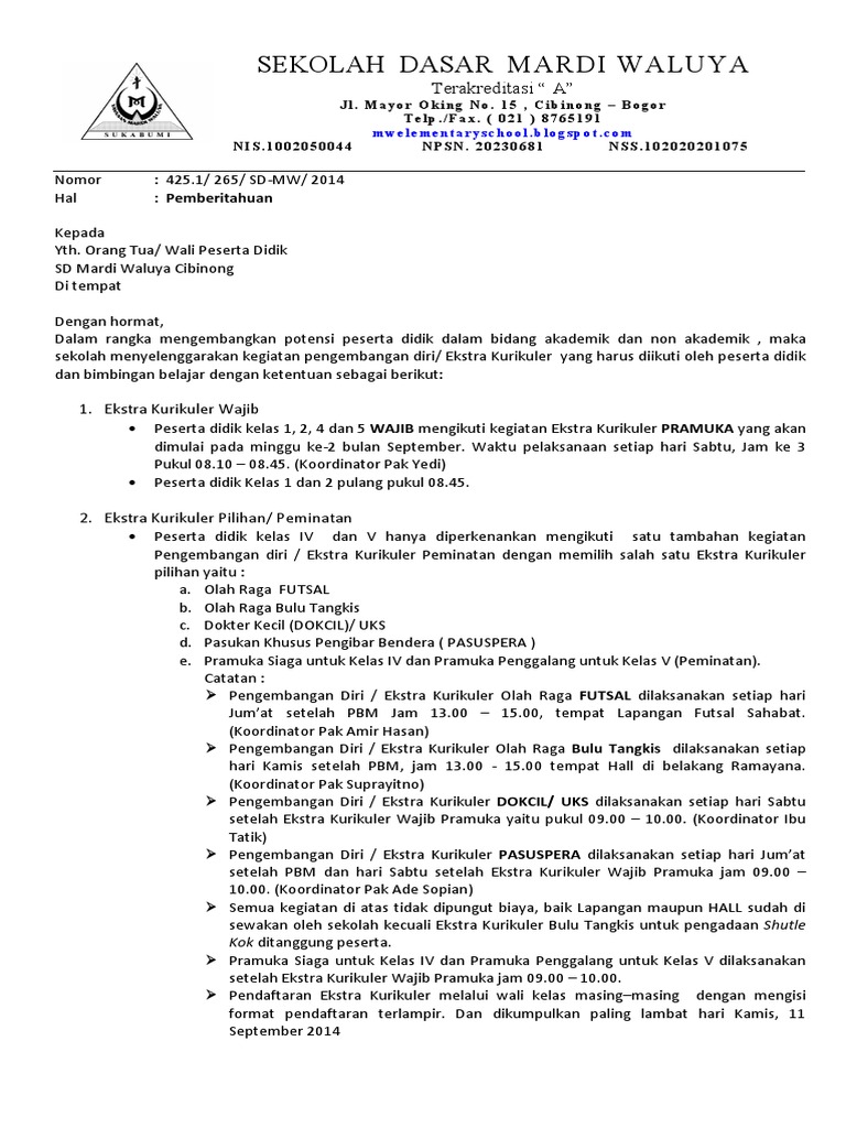 Surat Pemberitahuan Kegiatan Ekstrakurikuler Contoh Surat Informasi Kegiatan Ekstrakurikuler.