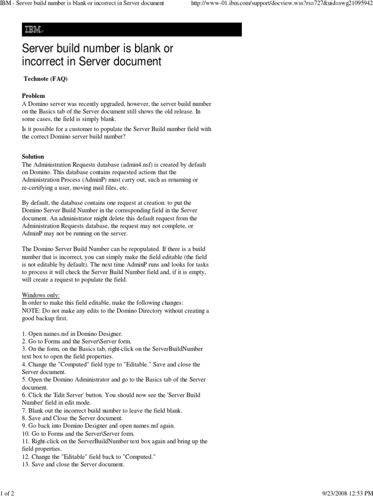 IBM Server Build Number I.. PDF Ibm Notes Windows Registry