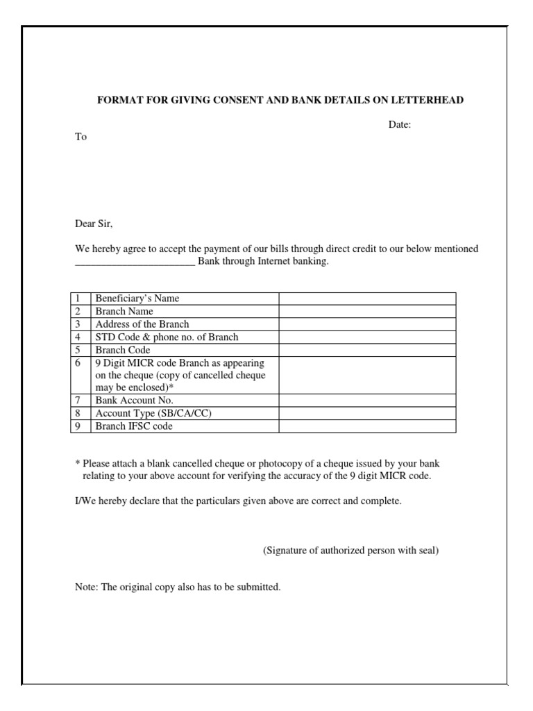 Format For Giving Consent And Bank Details On Letterhead ...