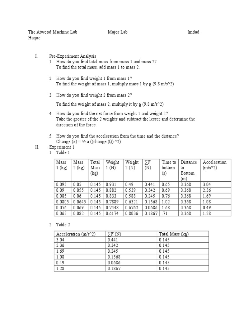 The Atwood Machine Lab Major Lab PDF Mass Acceleration