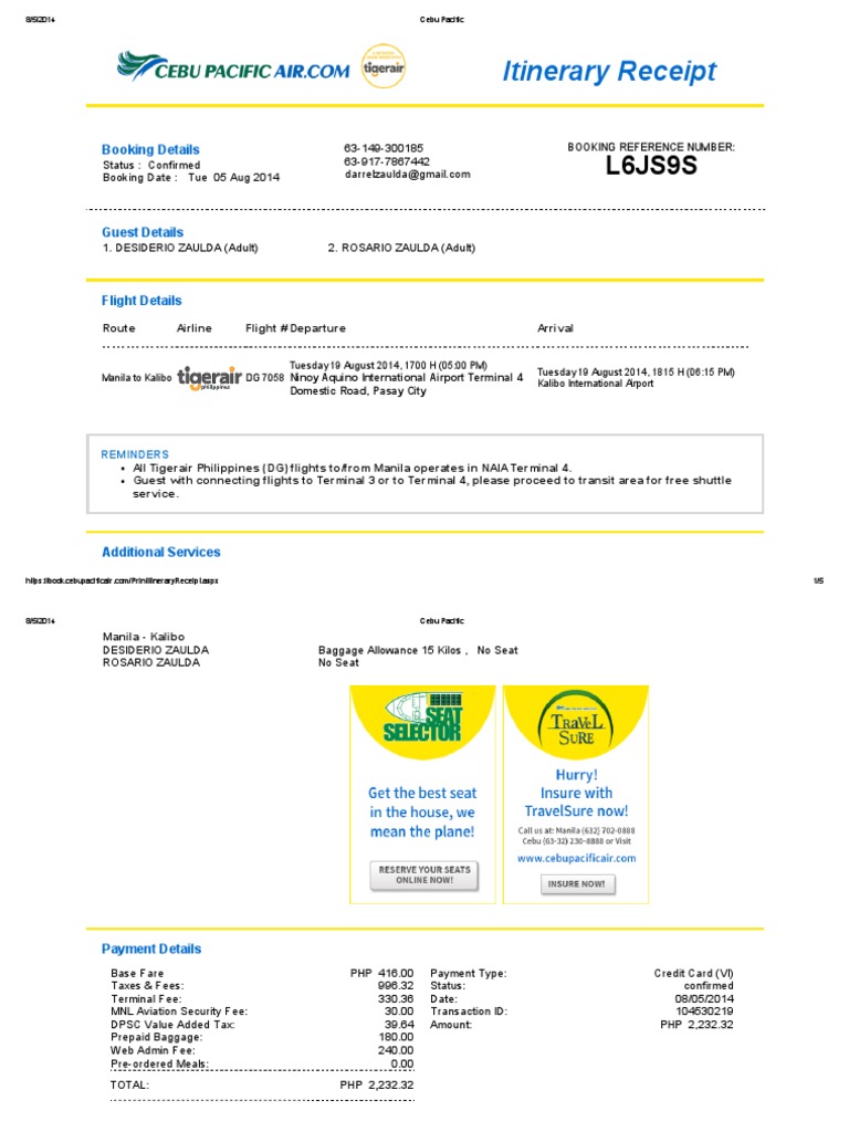 Manila to Kalibo Flight on August 19, 2014 Booking Confirmation and
