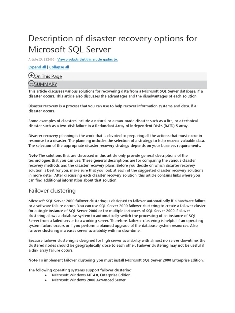 Disaster Recovery Options For Microsoft SQL Server | Download Free PDF ...