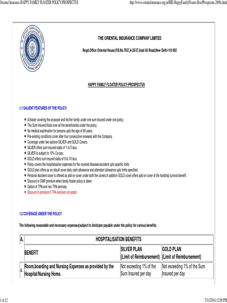 Oriental InsuranceHappy Family Floater PolicyProspectus