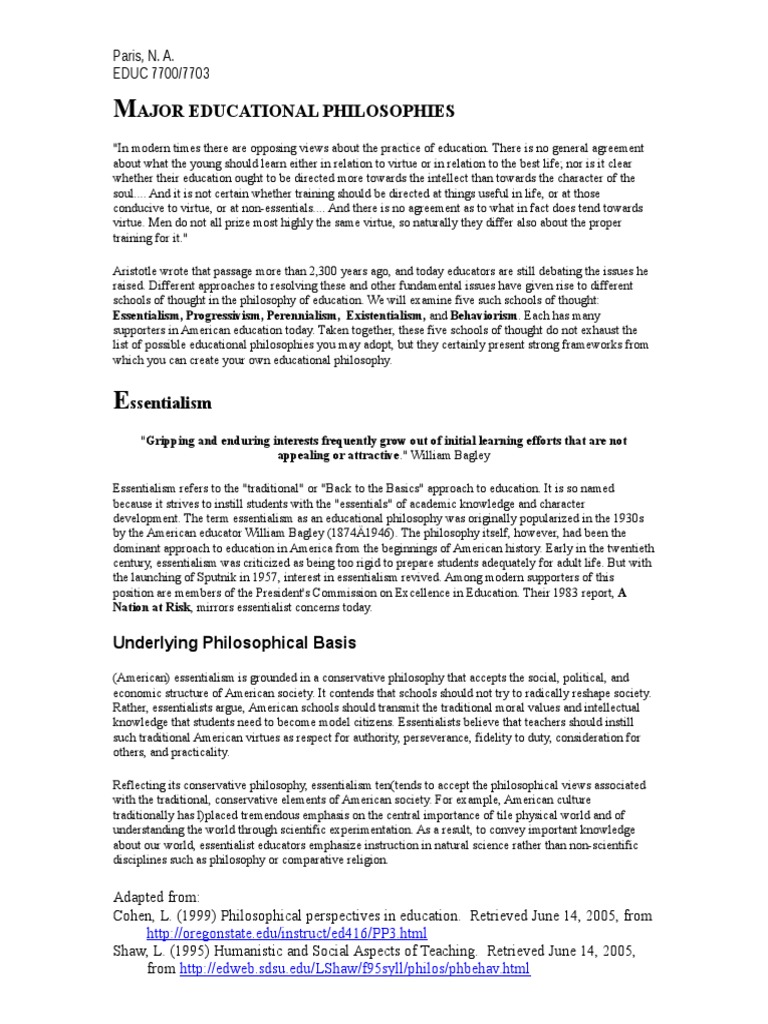 Major Educational Philosophies Explained | PDF | Behaviorism | Essentialism