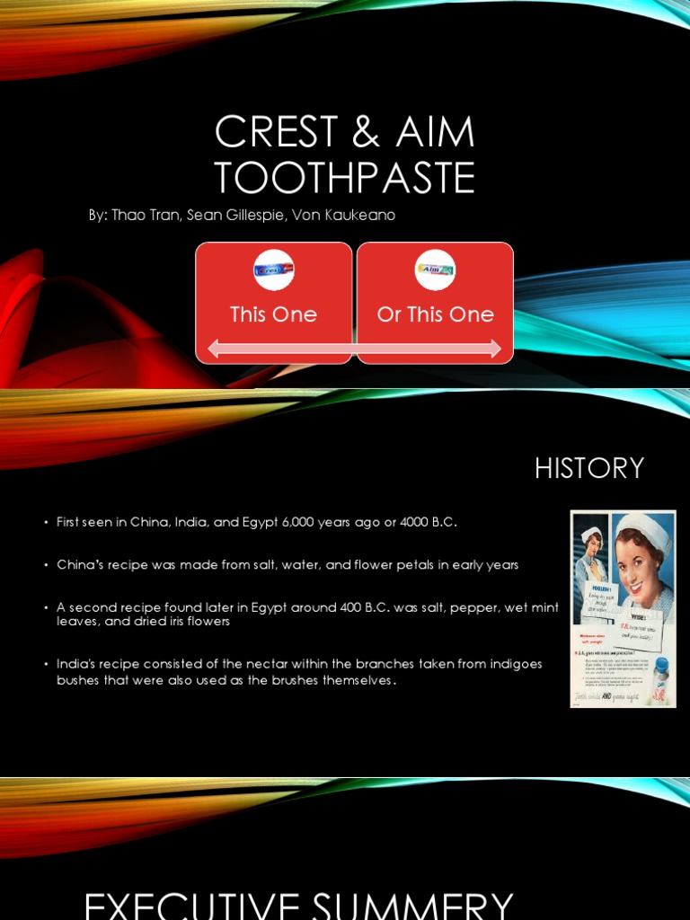 Crest vs. Aim Toothpaste Comparison | PDF | Dentistry Branches | Dentistry