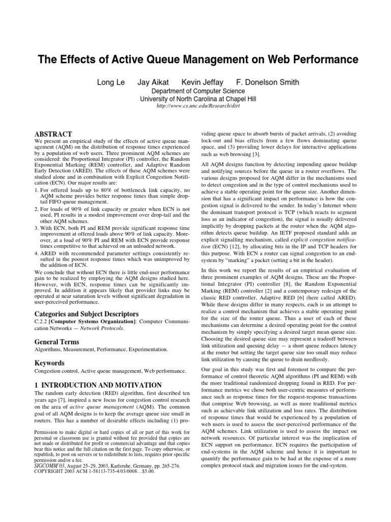The Effects of Active Queue Management On Web Performance | PDF