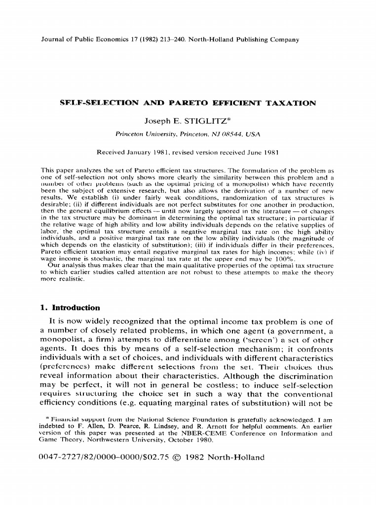 SelfSelection and Pareto Efficient Taxation Princeton University