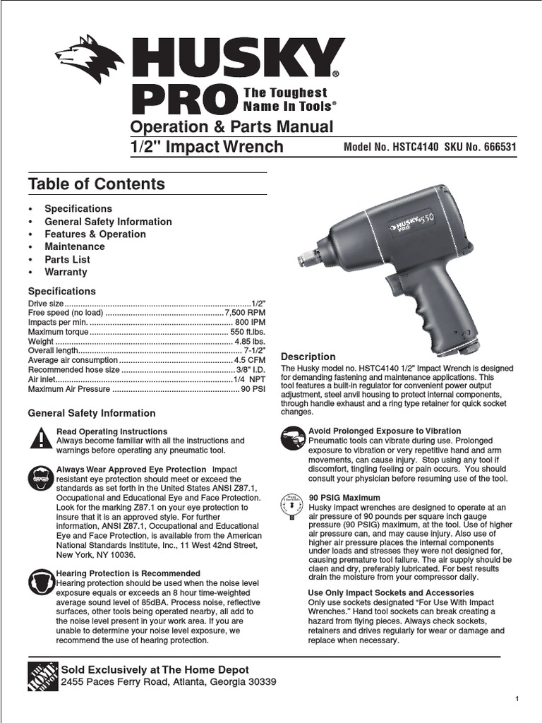 Operation and Parts Manual for the Husky 1/2" Impact Wrench Model No