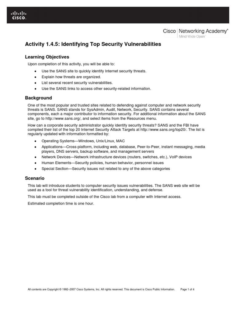 Activity 1.4.5: Identifying Top Security Vulnerabilities | PDF ...