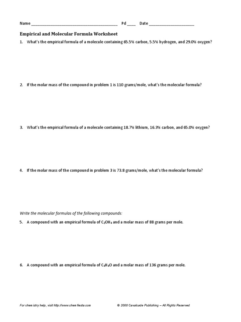 Empirical and Molecular Formula Worksheet | PDF | Mole (Unit) | Molecules