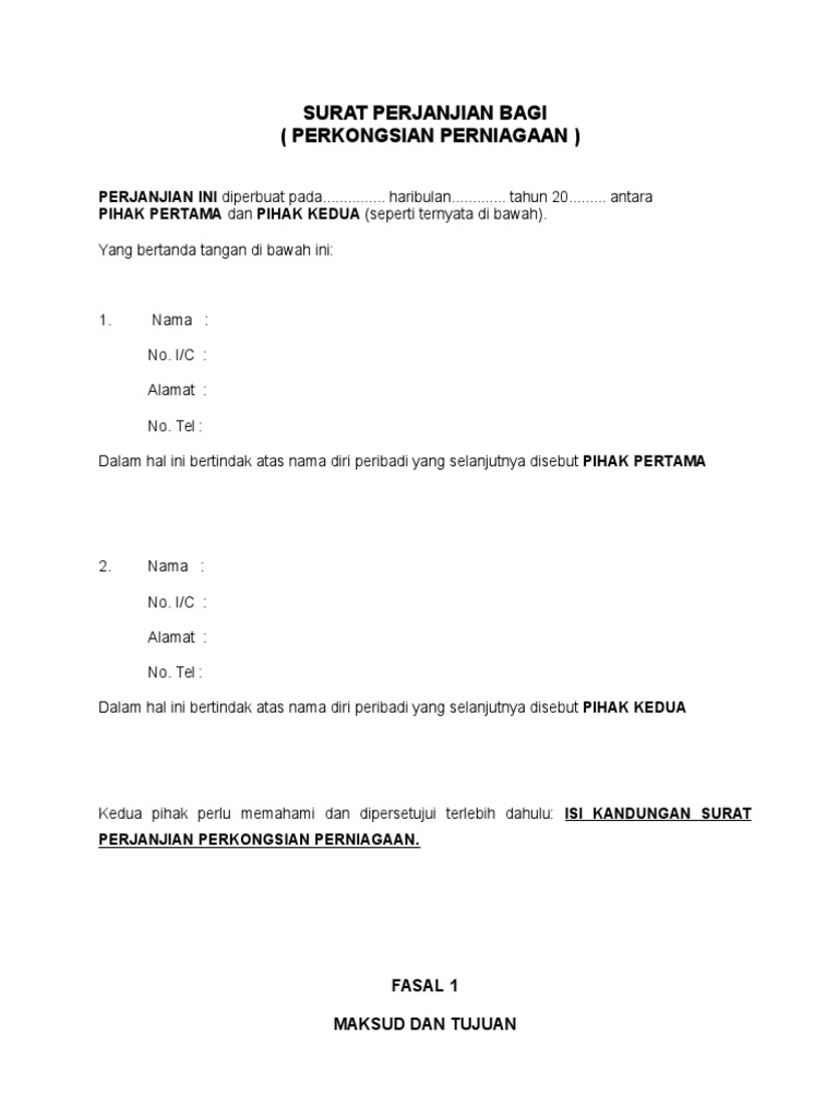 Contoh Surat Perjanjian Perkongsian Perniagaan Enterprise Mati Setem