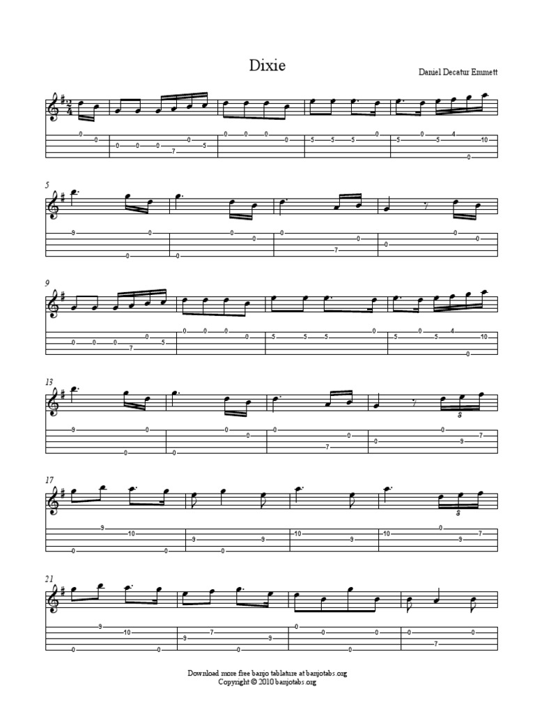 Dixie music with Banjo tablature