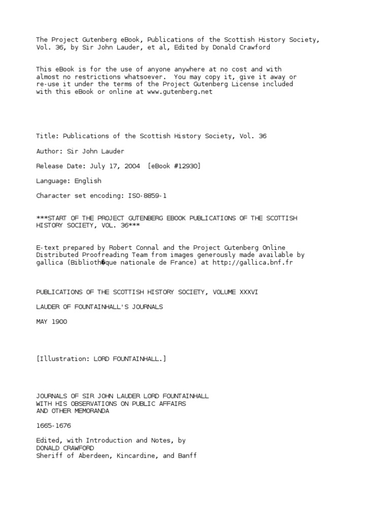 Publications of The Scottish History Society, Volume 36 Journals of Sir John Lauder Lord Fountainhall With His Observations On Public Affairs and Other Memoranda 1665-1676 by Lauder, Sir John PDF Project Gutenberg Scotland picture