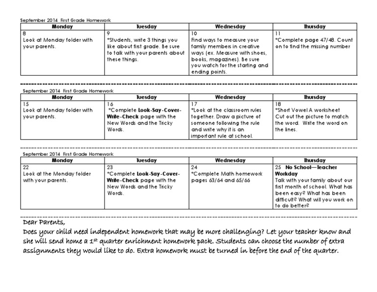 First Grade Homework September 2014 | PDF | Language Arts & Discipline ...