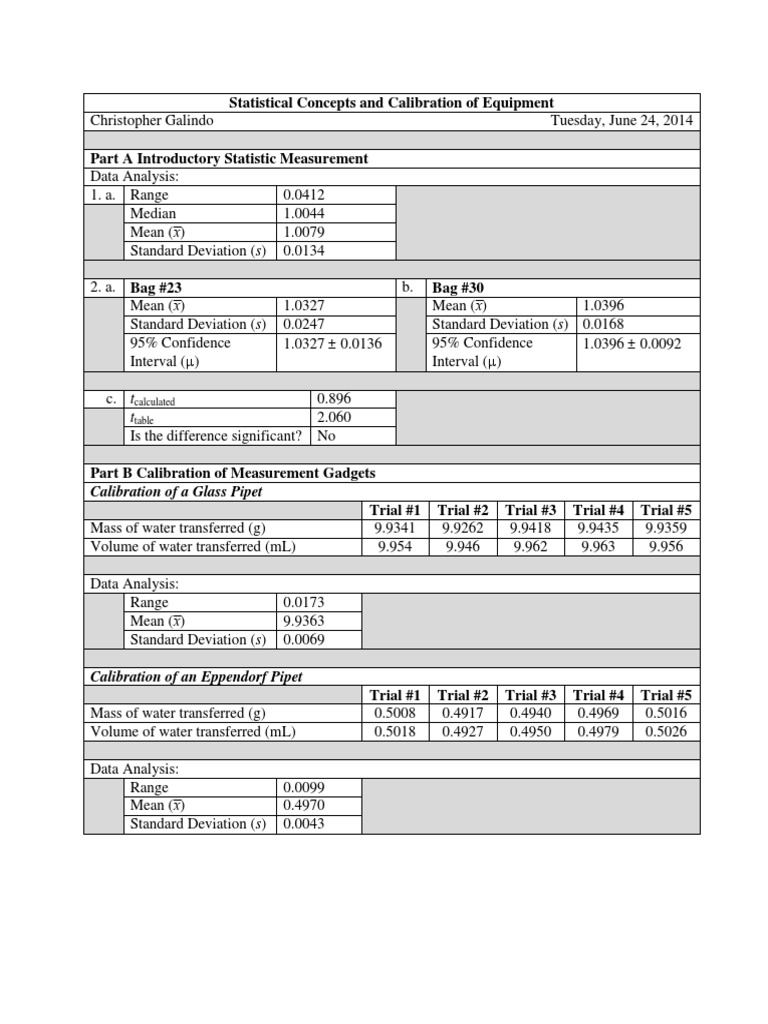 Experiment 1 Statistical Concepts & Calibration of Equipment PDF