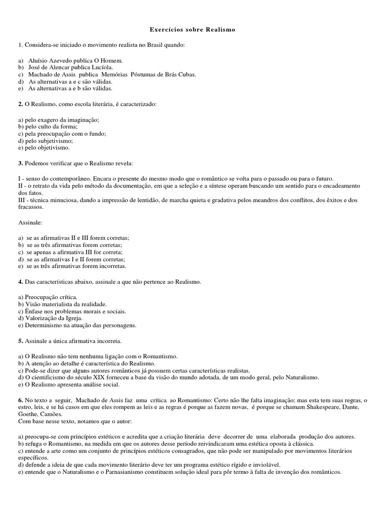 Exercícios Sobre Realismo | Realismo (Artes) | Romantismo