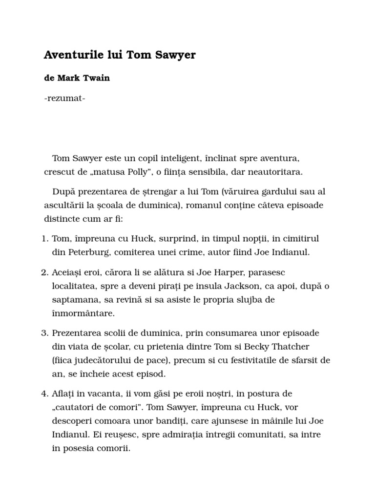 Tom Sawyer Rezumat Aventurile Lui Tom Sawyer - Rezumat | PDF