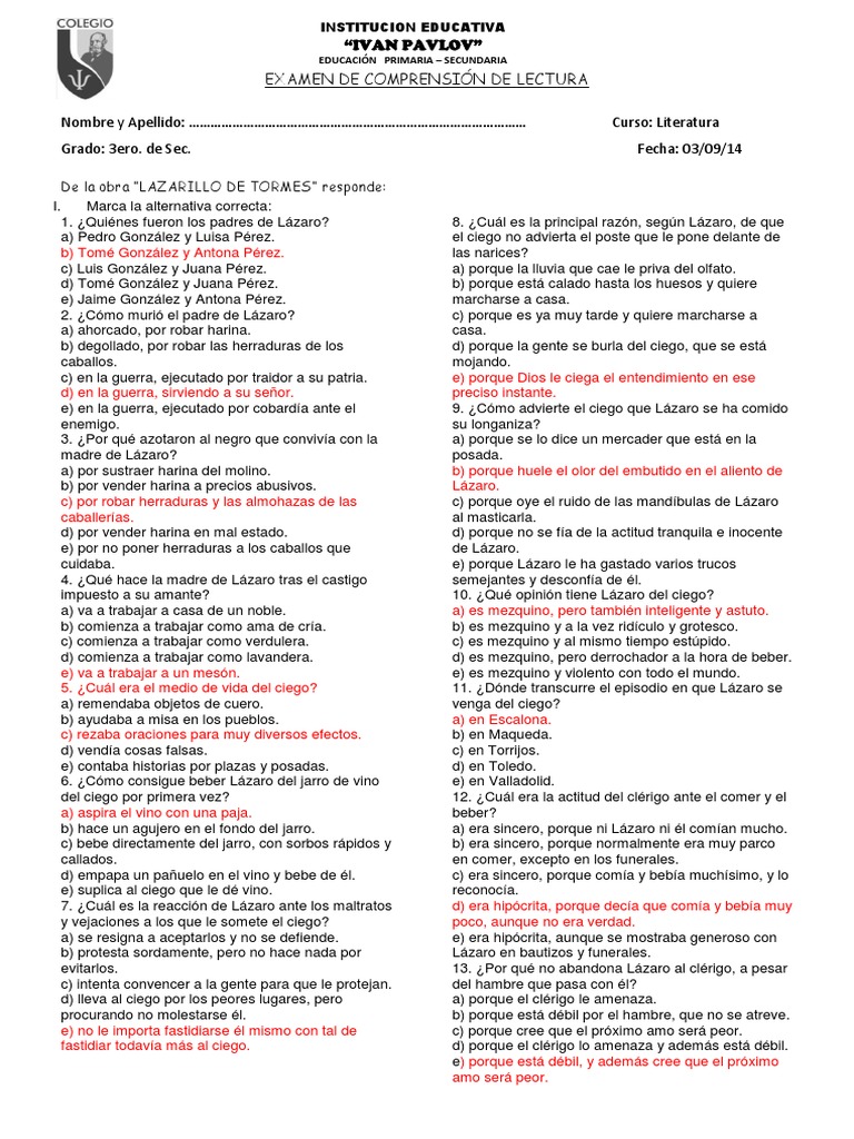 Examen de Comprensión: Lazarillo de Tormes | PDF | Libros para adolescentes