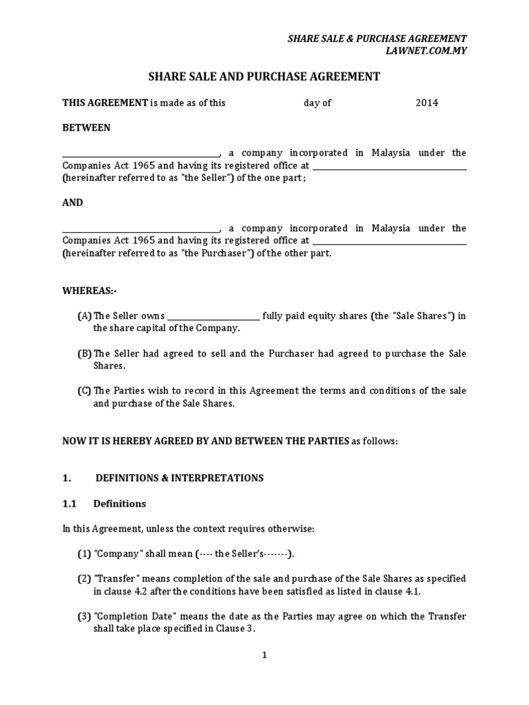 Share Sale and Purchase Agreement | PDF | Sales | Lien