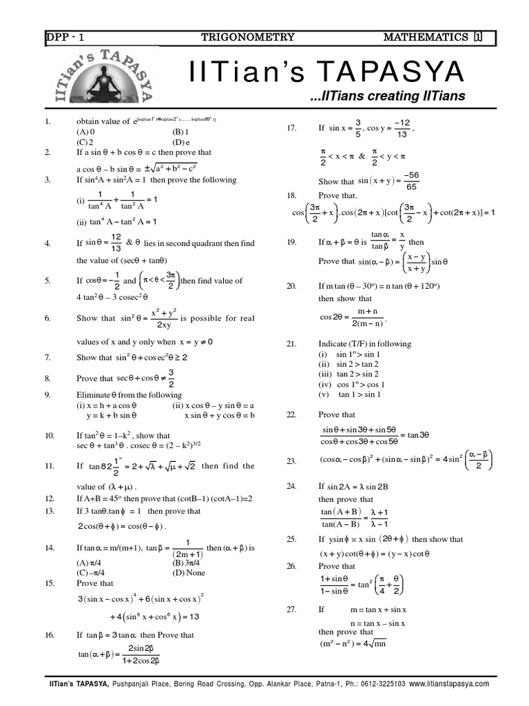 Trigonometry DPP for IIT Preparation | PDF | Trigonometric Functions | Sine