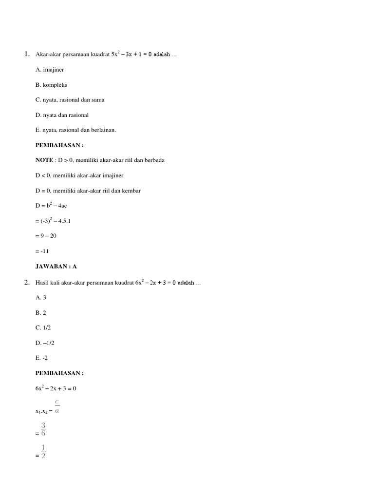 Kumpulan Soal Persamaan Kuadrat Dan Fungsi Kuadrat dan Pembahasannya