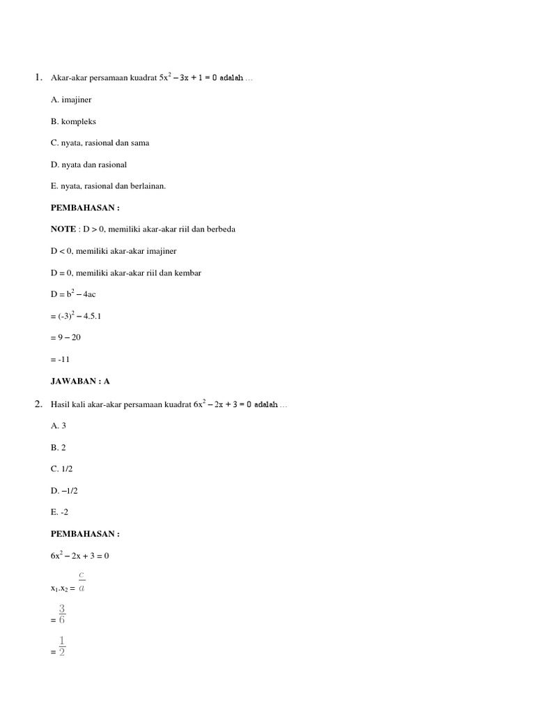 Kumpulan Soal Persamaan Kuadrat Dan Fungsi Kuadrat Dan