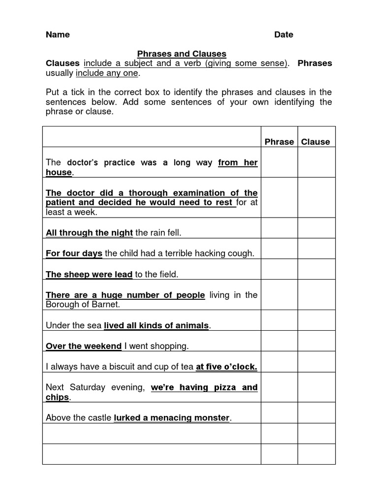 Phrases And Clauses Worksheet