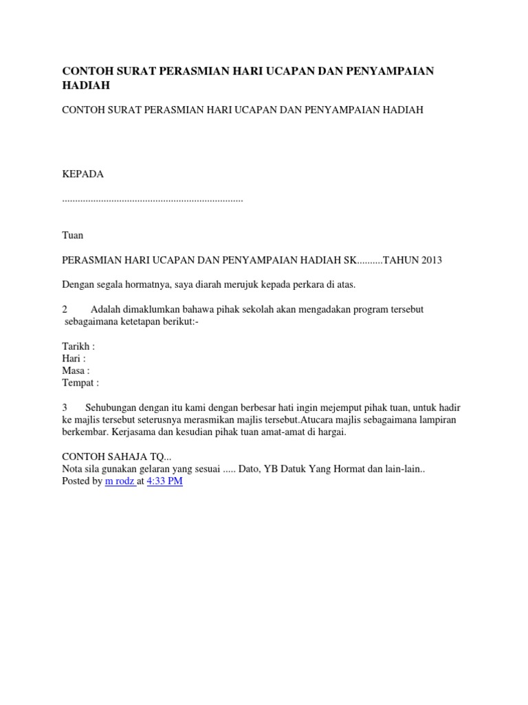 Contoh Surat Perasmian Hari Ucapan Dan Penyampaian Hadiah | PDF