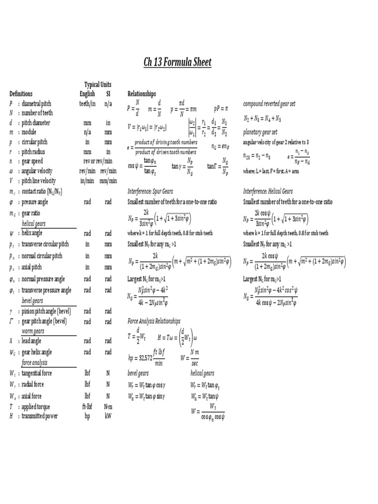 CH 13 Formula Sheet: Definitions English SI Relationships Typical Units ...